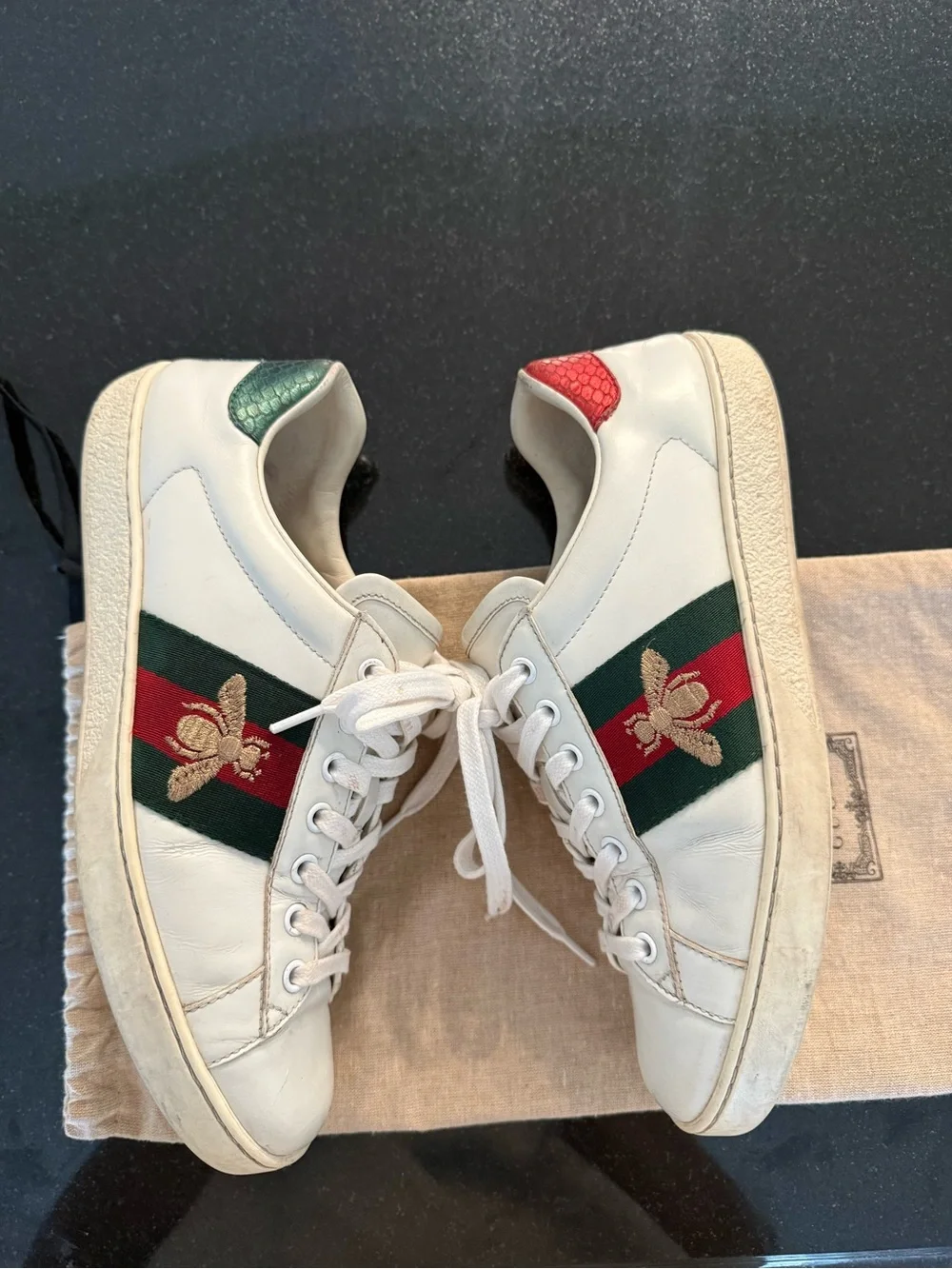Gucci White Leather Sneakers with Red & Green and Gold Bee